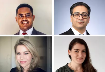Four professional headshots arranged side by side, showing two men and two women smiling or looking toward the camera. All are dressed in professional attire against neutral or softly blurred backgrounds.
