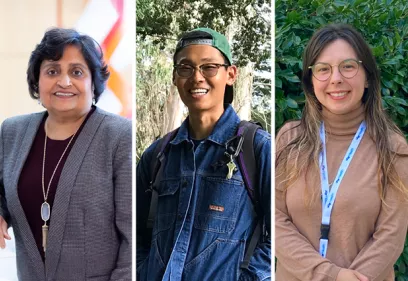 Portraits of three UCSF community members arranged side by side, including two outdoors against leafy backgrounds.