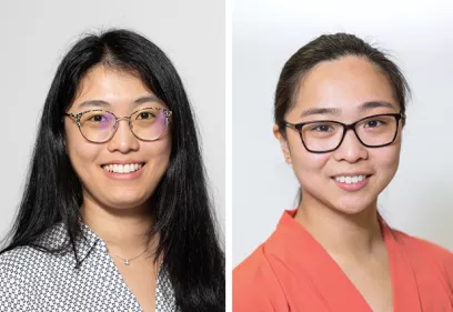 Side-by-side professional headshots of two women wearing glasses and smiling at the camera; one wears a patterned blouse and the other a coral blouse.