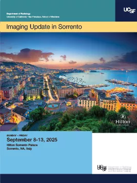 UCSF course flyer for Imaging Update in Sorrento with a sunset photo of the Sorrento coastline, event dates September 8–13, 2025, and Hilton hotel branding.
