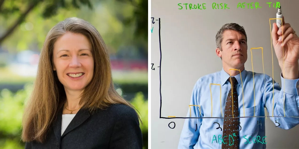 Side-by-side images of two stroke researchers. On the left, a professional headshot of Heather Fullerton smiling outdoors with a blurred green background. On the right, Clay Johnston stands at a transparent board drawing a graph labeled "Stroke Risk After TIA," illustrating the rise of stroke incidents as scores increase. He is wearing a blue dress shirt and tie while marking the chart with a pen.