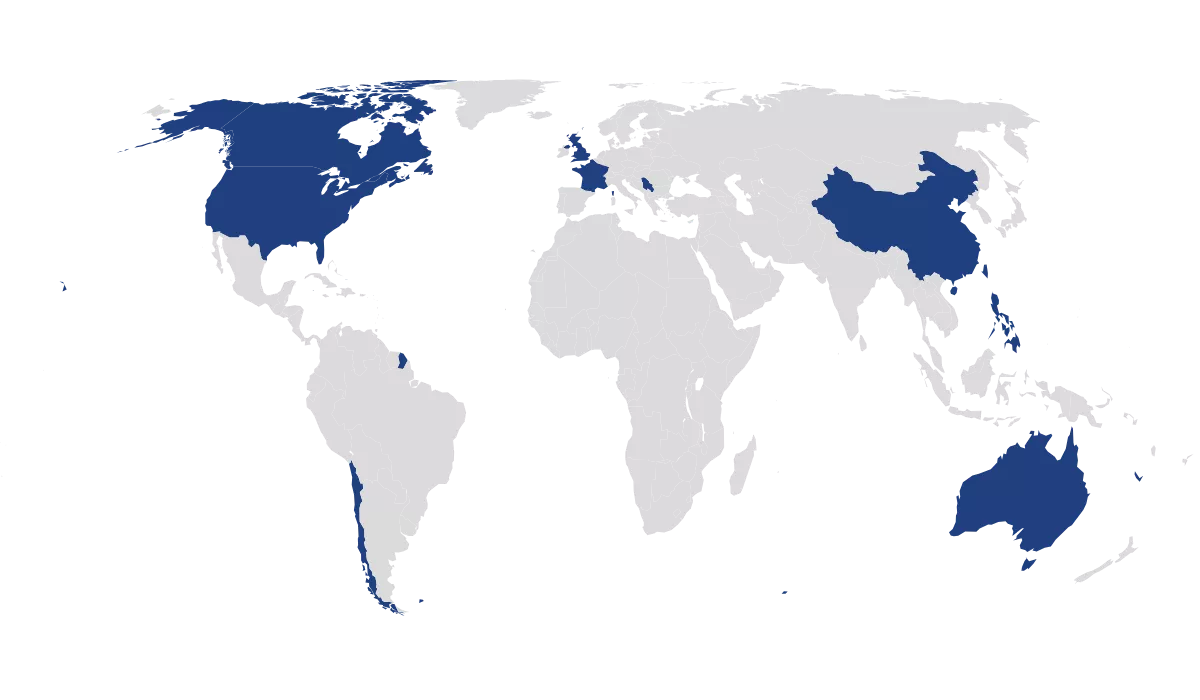 Map showing countries where pediatric stroke studies were conducted. Countries include the United States, Canada, Australia, Philippines, Chile, the United Kingdom, France, Serbia, and China.