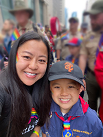 Jennifer Shao and her son marching with Cubscout Pack