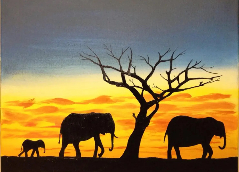 Art drawing of a family of elephants and a beautiful sunset.